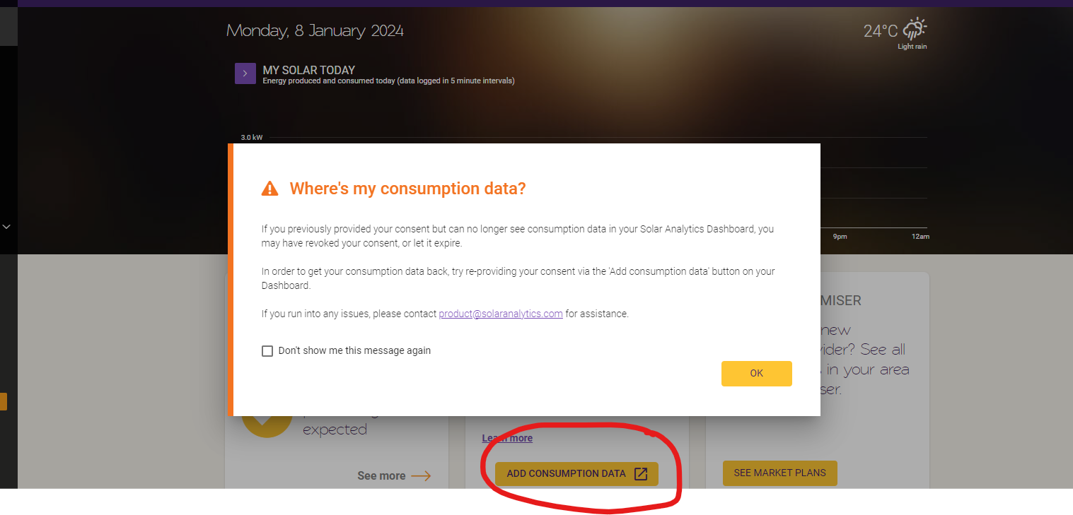 Image showing a 'where's my consumption data' popup, with the 'add consumption data' button underneath