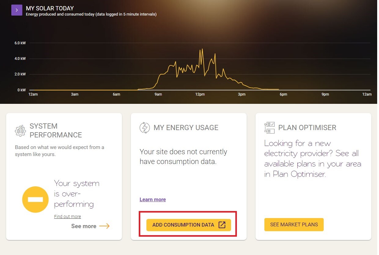 A Solar Analytics Dashboard, showing the location of the 'Add Consumption data' button