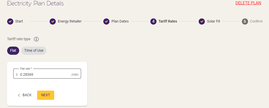 The tariff screen of the electricity plan stepper