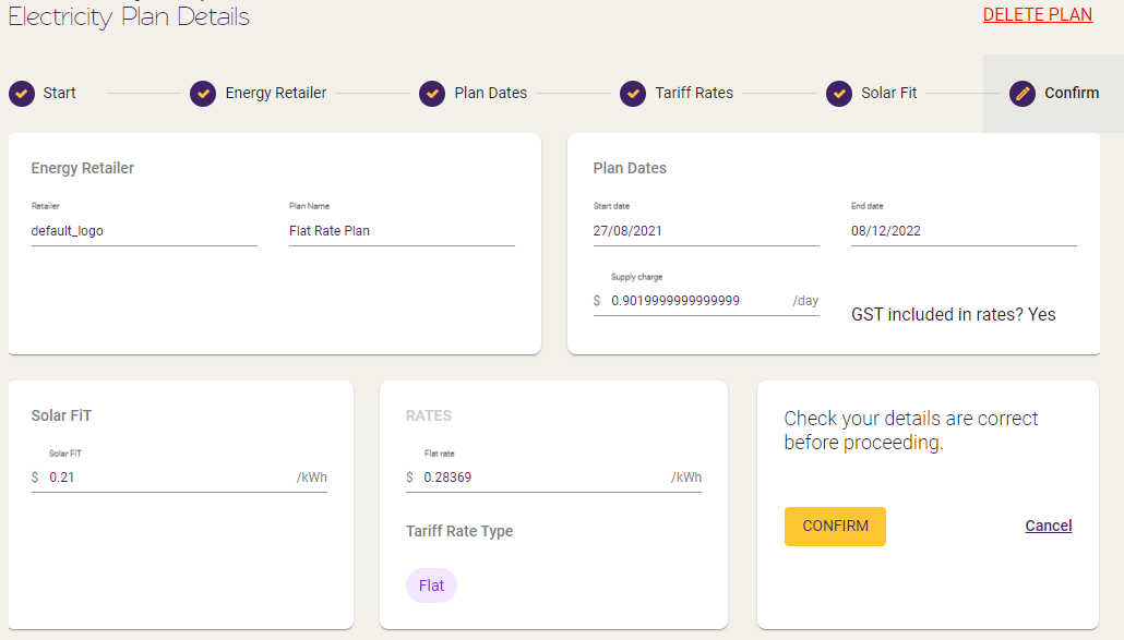 End page of the electricity plan stepper, showing the option to confirm plan or delete.