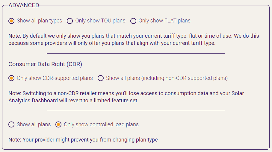 Default filtering on Plan Optimiser for sites with controlled loads