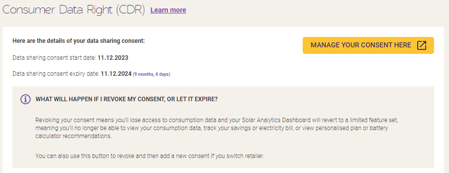 Panel showing the option to manage your CDR consent